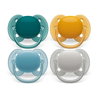 Abbildung von Philips Avent ultra soft Schnuller 4er Pack, BPA freier, extra weicher für Babys von 6 18 Monaten, inklusive Transport und Sterilisationsbox, Sortiert (orange/blau/grau)