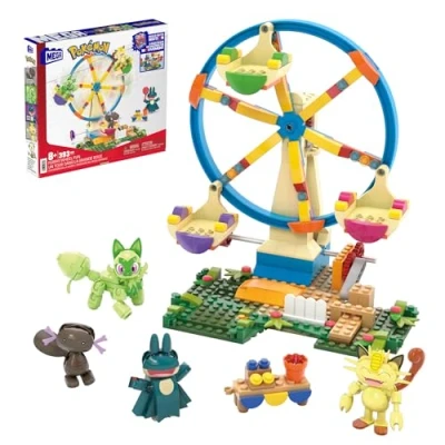 Abbildung von MEGA Pokémon Actionfigur Bauspielzeug, Spaß auf dem Riesenrad mit 393 Teilen und beweglichem Felori, Mampfaxo, Mauzi Felino, für Kinder, HXF80