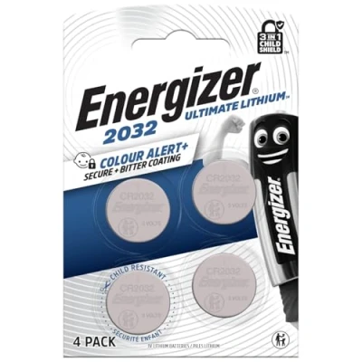 Abbildung von Energizer Ultimate Lithium CR 2032 Knopfzelle 3V Batterien (4 Stück) Weltweit erster 3 in 1 Kinderschutz Neuer Farbwarn Technologie Air Tag, Autoschlüssel, Fitnesstracker, medizinische Geräte