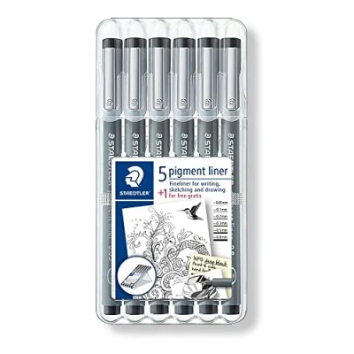 Abbildung von STAEDTLER Fineliner Set pigment liner, 6 Linienbreiten, hohe Qualität, Pigmenttinte, dokumentenecht, lichtbeständig, schwarz, 5 und 1 Stück gratis, 308 SB6P1
