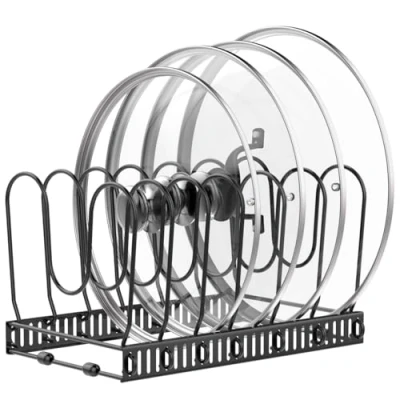 Abbildung von Housolution Pfannenhalter für Schublade, Erweiterbarer Topfdeckelhalter mit 7 Verstellbaren Teiler, Topfdeckel Aufbewahrung Pfannen Organizer Deckelhalter Küche, Schwarz