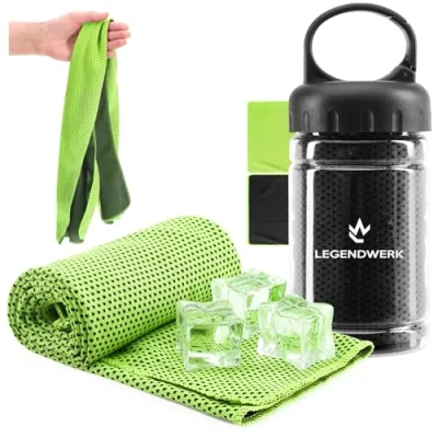 Abbildung von com four® 2X Kühlhandtuch in Flasche Cooling Towel Kühltuch kühlendes Tuch bei Hitze, Anstrengung, Sport, Müdigkeit, Sonnenbrand, Verbrennungen oder Insektenstichen (2X schwarz/grün)