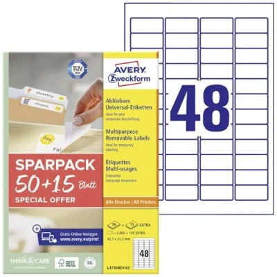 Abbildung von AVERY Zweckform L4736REV 65 Universal Etiketten (2.400 plus 720 Klebeetiketten extra, 45,7x21,2mm auf A4, wieder rückstandsfrei ablösbar/abziehbar, bedruckbar, selbstklebende Aufkleber) Blatt, weiß