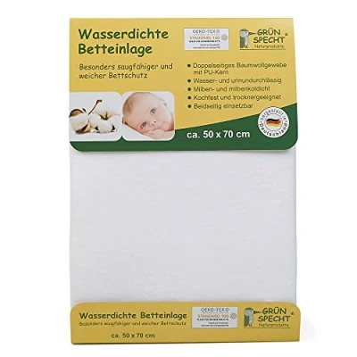 Abbildung von GRÜNSPECHT Wasserdichte Betteinlage 50x70cm, Matratzenschutz, 100 % Baumwolle mit PU Kern, kochfest &amp; trocknergeeignet, wasserdicht urinundurchlässig (163 00), Weiß