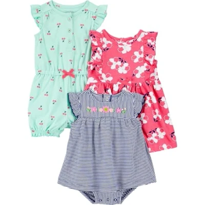 Abbildung von Simple Joys by Carter&#039;s Baby Mädchen 3 Pack Romper, Sunsuit Dress Infant and Toddler Rompers, Marineblau Streifen/Minzgrün Kirschen/Rosa Floral, 24 Monate (3er Pack)