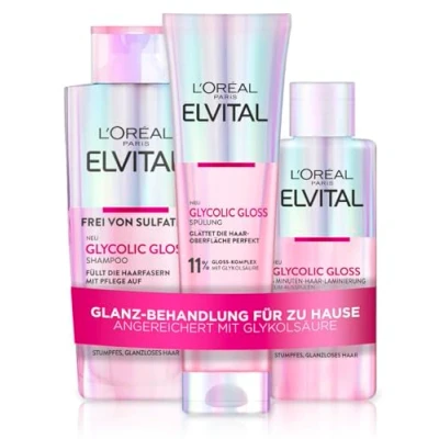 Abbildung von L&#039;Oréal Paris Elvital Glycolic Gloss Bundle mit Shampoo, Spülung, 5 Minuten Haar Laminierung für glanzloses Haar, Pflegeroutine gesunde Haare und starken Glanz, Set Glykolsäure, 3 teilig