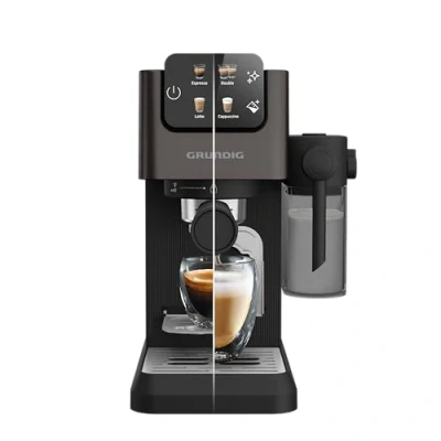 Abbildung von GRUNDIG KSM 5330 Siebträgermaschine mit integriertem Milchbehälter, 1628 W Leistung, 15 bar Pumpendruck, Zweifachdüse, farbiges Touch Display, BrewSense, CreamyPro, Dark Inox/Schwarz