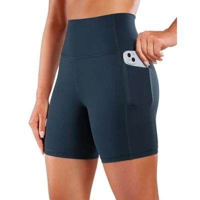 Abbildung von CRZ Yoga Naked Feeling Damen Radlerhose mit Taschen Hohe Taille Shorts Kurze Sporthose Sport Leggings Sportshorts 15cm Echte Marine 38