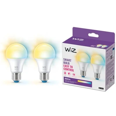 Abbildung von WiZ E27 smarte LED Lampe 60W Ersatz, 2er Pack, klassischer Stil mit Weißschattierungen, WLAN/Bluetooth, Sprach / App Steuerung, funktioniert Google Home, Alexa und HomeKit