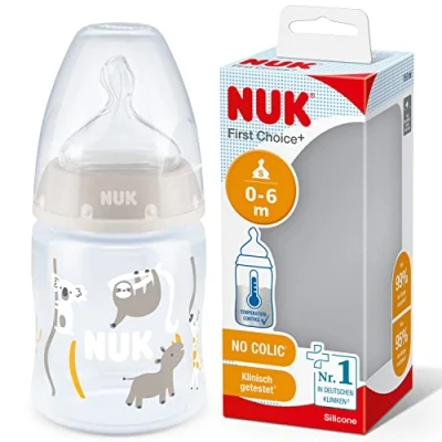 Abbildung von NUK First Choice+ Babyflasche 06 Monate Temperature Control Anzeige 150 ml Anti Colic Ventil BPA frei Trinksauger aus Silikon Safari (neutral)