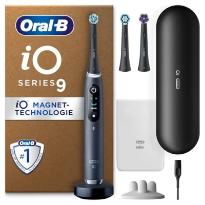 Abbildung von Oral B iO Series 9 PLUS Edition Elektrische Zahnbürste/Electric Toothbrush, 3 Aufsteckbürsten, 7 Putzmodi für Zahnpflege, Lade Reiseetui, Designed by Braun, black onyx