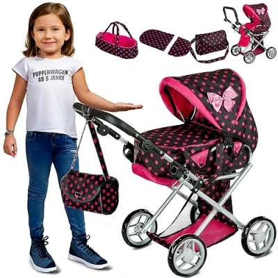 Abbildung von Kinderplay Puppenwagen ab 1 2 3 Jahre Kinderwagen Spielzeug in 1, mit Herausnehmbarer Tragetasche und Umhängetasche, Höhenverstellbar 34.5 cm bis 64 cm, KP0200G