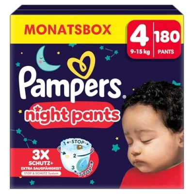 Abbildung von Pampers Night Windeln Pants Größe 4 (9kg 15kg) Baby Dry, MONATSBOX, Windelhöschen bieten zusätzlichen Schutz für die ganze Nacht, 180 Höschenwindeln