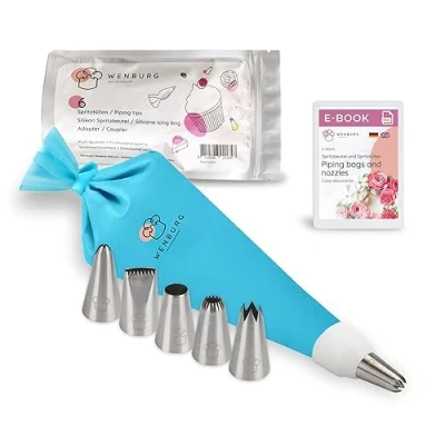 Abbildung von Wenburg Professioneller Spritzbeutel mit 6 Silikonspitzen (35 cm), Adapter, professionelle Edelstahl Spitzen, für Kuchen, Kekse, Dekoration, geeignet