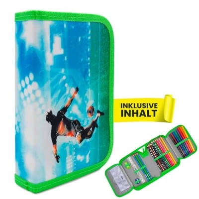 Abbildung von itenga Schüler Etui 28 teilig gefüllt 1 Zipper Federmäppchen für Jungen und Mädchen (Fussball)