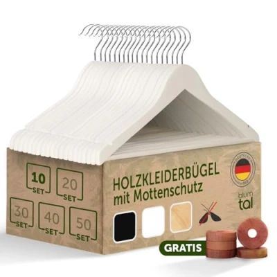 Abbildung von Blumtal Kleiderbügel Holz 10er Set Holzbügel mit 360 drehbarem Metallhaken Weiß + Zedernholz Mottenschutz Weiss Anti Rutsch Schicht &amp; Einkerbungen Coat Hanger