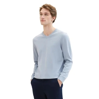 Abbildung von TOM TAILOR Herren Basic Pullover mit V Ausschnitt aus Baumwolle, 15159 Foggy Blue, M