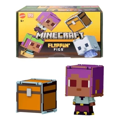 Abbildung von Mattel Minecraft Flippin’ Figs 2er Pack, 2 maßstabsgetreue, ca. 9 cm große Actionfiguren mit großen Köpfen und in 1 Spielfigur, Efe/Segelboot Delfin/Schatztruhe, JCY31