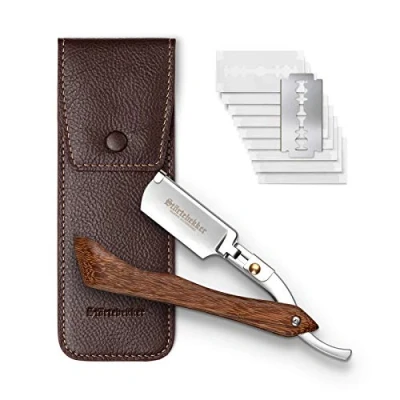 Abbildung von Störtebekker® Premium Rasiermesser mit Holzgriff im handgefertigten Lederetui (Café) inkl. Alaunstift &amp; Rasurguide [+ 10 Klingen] Geschenkidee Set Nassrasierer Rasierset