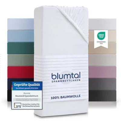 Abbildung von Blumtal® Basics Spannbettlaken 140x200cm Jersey Baumwolle Oeko TEX zertifiziertes 140x200 Spannbetttuch Bettlaken Baumwolle/Jersey Weiß