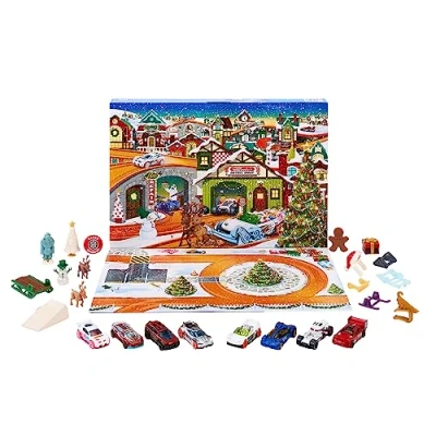 Abbildung von Hot Wheels Adventskalender 8 Autos und 16 winterliche Zubehörteile hinter 24 nummerierten Türchen, inklusive Spielmatte, für Kinder Fans, HKL74