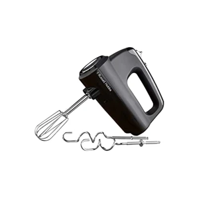 Abbildung von Russell Hobbs Handmixer [Handrührgerät] Matt Schwarz (5 Geschwindigkeitsstufen+Turbofunktion, 2 spülmaschinengeeignete Rührbesen &amp; Knethaken, Auswurftaste, aufrechte Parkposition) Handrührer 24672 56
