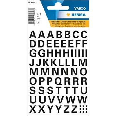 Abbildung von HERMA 4158 Buchstaben Aufkleber schwarz, 74 Stück, Schriftgröße 10 mm, selbstklebend, wetterfest, klein, Alphanet Sticker Klebebuchstaben A Z aus Folie zum Aufkleben, transparent