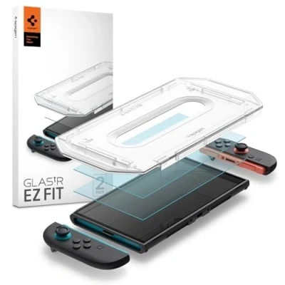 Abbildung von Spigen Glas.tR EZ Fit Schutzfolie kompatibel mit Nintendo Switch 2, 2 Stück, Schablone für Installation, Kristallklar, Kratzfest, 9H Härte Folie