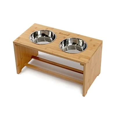 Abbildung von lionto erhöhter Hundenapf aus robustem &amp; pflegeleichtem Bambus, 44x20x19 cm, doppelter Futternapf für Hunde Katzen, 2 Edelstahlnäpfe Ø 18 cm je 1,2 L Fassungsvermögen, rutschfest gelenkschonend