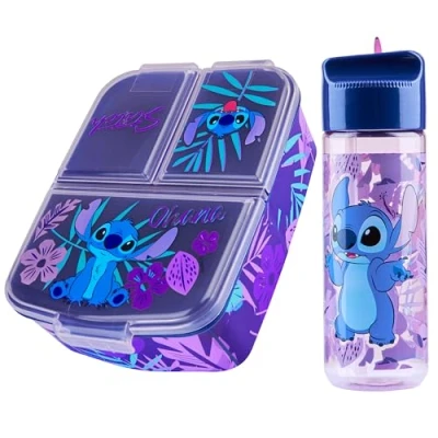 Abbildung von Disney Stitch Kinder Lunchbox mit Fächern und Wasserflasche für Schule Ausflüge (Blau/Lila)