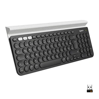 Abbildung von Logitech K780 Kabellose Tastatur, Bluetooth &amp; 2.4 GHz Verbindung, Multi Device Easy Switch Feature, Integrierte Halterung, PC/Mac/Tablet/Smartphone, Deutsches QWERTZ Layout Dunkelgrau/Weiß