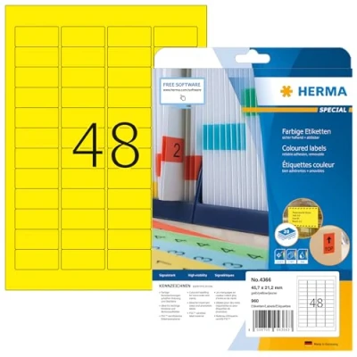 Abbildung von HERMA 4366 Farbige Etiketten gelb ablösbar, 20 Blatt, 45,7 x 21,2 mm, 48 pro A4 Bogen, 960 Stück, selbstklebend, bedruckbar, matt, blanko Papier Farbetiketten Aufkleber