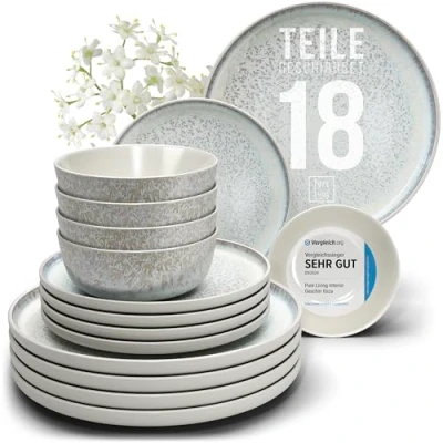 Abbildung von Steingut Geschirrset 6 Pers. Ibiza 18 tlg Hochwertiges Mediterranes TEST SEHR GUT Geschirr Set Schüssel und Teller Tafelservice Personen Geschirrsets Pure Living in beige