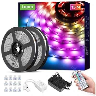 Abbildung von Lepro LED Strip 15M(2x7.5M) RGB Set, 5050 SMD 450 LEDs Streifen, 12V, Band Selbstklebend, Flexibel Lichtband, Lichterkette IP20, Leiste Kette Dimmbar, Netzteil und Controller enthalten