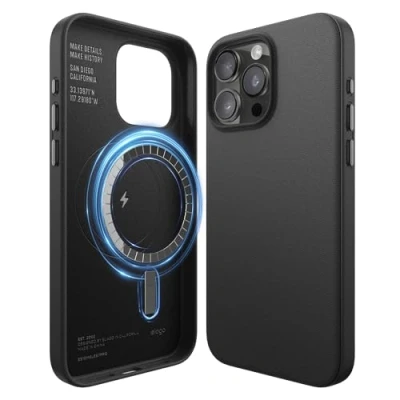 Abbildung von elago Magnetische Lederhülle Kompatibel mit iPhone 15 Pro Max Hülle, MagSafe, Premium Veganes PU Leder, Integrierte Starke Magnete, Rundumschutz [5 Lagen Struktur] (Schwarz)