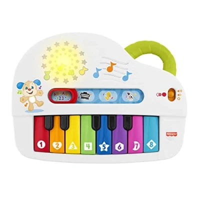 Abbildung von FISHER PRICE Babys erstes Keyboard tragbares Spielzeugklavier mit 4 Spielmöglichkeiten, Liedern, Lichtern und Geräuschen, spielerisches Lernen, spricht deutsch, ab 6 Monaten/ 1 Jahr, GFK01