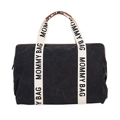 Abbildung von Childhome, Mommy Bag, Wickeltasche, Kliniktasche, Reisetasche, großes Fassungsvermögen, Wickelauflage, verstellbarer Schultergurt, unterteilt, Isoliertasche, Durchgang für Koffer, Schwarz, Signature