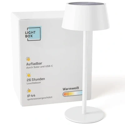 Abbildung von Lightbox LED Außen Tischlampe Ø 13 cm kabellose Outdoor Lampe mit Solar 3 Stufen Touch Dimmer Akku betriebene Tischleuchte (4 W, 300 lm, 3000 K) aus Metall/Kunststoff in Weiß Balkon Deko
