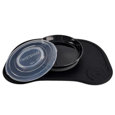 Abbildung von Twistshake Click Mat + Platte Anti Rutsch Geschirrset für Babys Babyteller Baby Tischset (38x25) BPA freier Entwöhnungsteller Essenstrainingsplatte Kinder ab 6 Monaten Schwarz