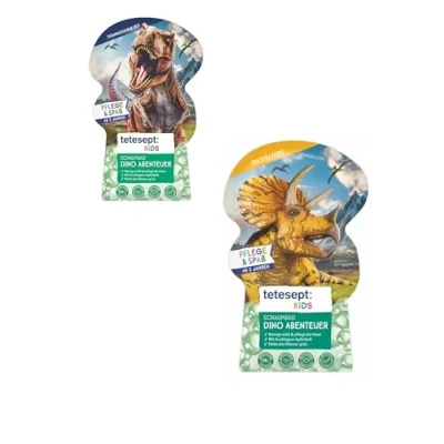 Abbildung von tetesept Kids Schaumbad Dino Abenteuer mit fruchtigem Apfelduft und pflegender Aloe Vera dinostarker T Rex World Kinder Badespaß Badeschaum grünem Wasser 1 x 40 ml