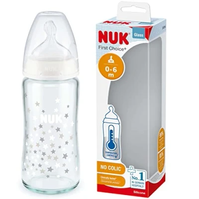 Abbildung von NUK First Choice Glasflasche 0 6 Monate Temperaturkontrolle Sauger aus Silikon Kolik Ventil BPA frei 240 ml, klar