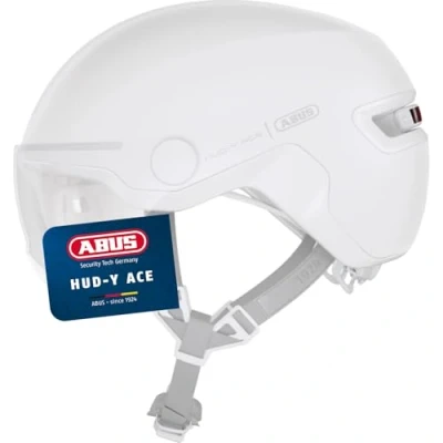 Abbildung von ABUS Stadthelm HUD Y ACE stylischer Fahrradhelm mit Visier und magnetischem, aufladbarem LED Rücklicht für Damen Herren Pure White, Größe M