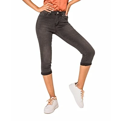 Abbildung von Nina Carter P132 Damen Capri Skinny Fit Jeanshosen HIGH Waist Jeans Used Look Waschungseffekt, Dunkelgrau (P132 3), L