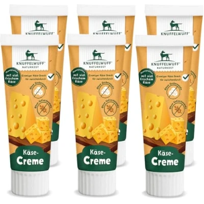 Abbildung von Knuffelwuff Tuben Snack Käsecreme 6er Pack mit viel frischem Käse ohne Konservierungsmittel, Zusatz von Zucker und Getreide Ideal auch für Welpen Made in Germany