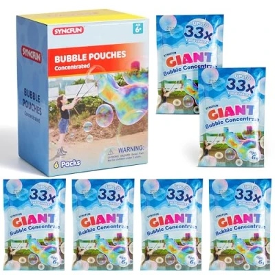 Abbildung von SYNCFUN 6 Packungen Riesenseifenblase konzentrierte Lösung (bis zu 4,5 Gallonen), Beutel Nachfüllpackung für Seifenblasenmaschine, Stäbe, Gebläse, Ostern, Aktivität im Freien