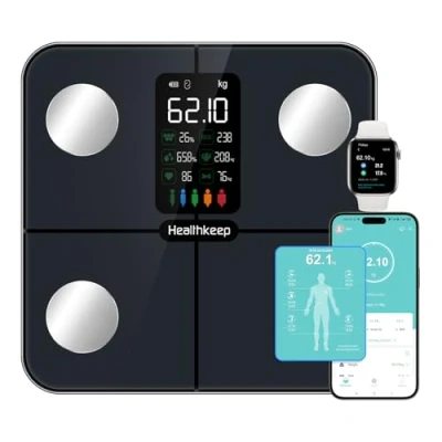 Abbildung von Healthkeep Körperfettwaage Personenwaage Digital Waage Mit Körperfett und Muskelmasse für 15 Körperdaten Herzfrequenz Messgerät Personen Großem VA Bildschirm APP iOS Android