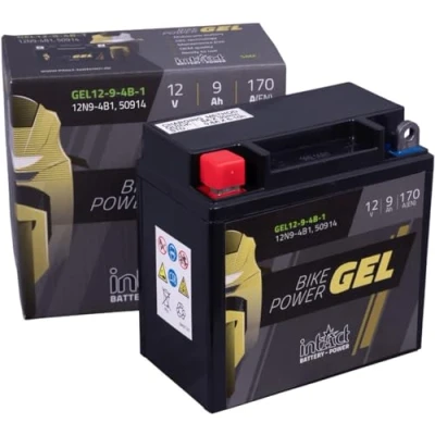 Abbildung von intAct GEL Motorradbatterie Bike Power GEL12 9 4B 1. Ersetzt 12N7 4A, 12N9 1, Y9B B, YB7 A, YB9 YTB9. 12V 9Ah 170A. Maße: 137x76x140mm. Mit bis zu 30% mehr Startleistung.