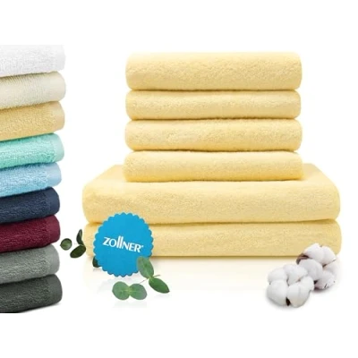 Abbildung von ZOLLNER Handtuch Set aus 4 Handtücher 50x100 cm &amp; 2 Duschtücher 70x140 saugstarke und weiche Tücher in gelb mit praktischem Aufhänger waschbar bis 60C Baumwolle Hotelqualität