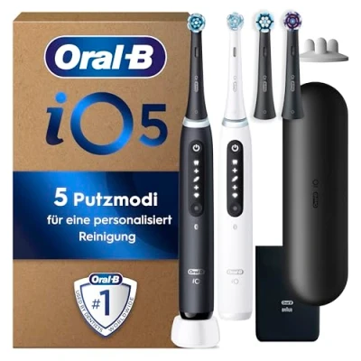 Abbildung von Oral B iO Series 5 PLUS Edition Elektrische Zahnbürste/Electric Toothbrush, Doppelpack 2 Aufsteckbürsten + Magnet Etui, Putzmodi, Designed by Braun, Matt Black/Quite White