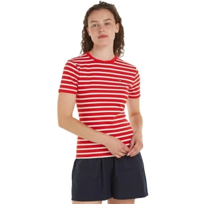 Abbildung von Tommy Hilfiger Damen T Shirt Kurzarm New Slim Cody Rundhalsausschnitt, Mehrfarbig (Breton Fierce Red/Ecru), XS